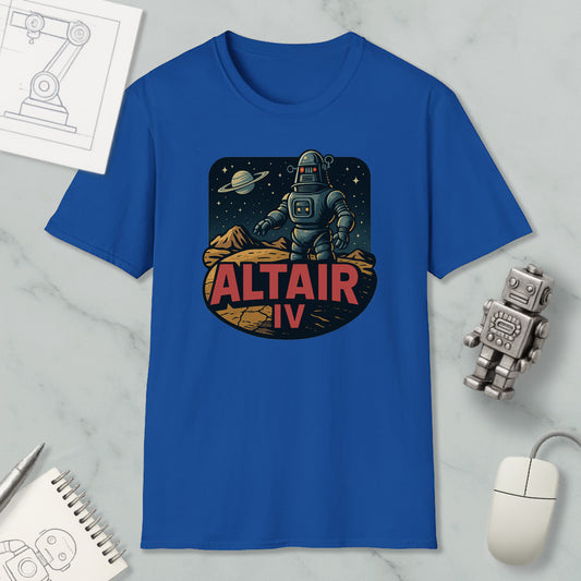 a blue t-shirt with a graphic design depicting a robot standing on a rocky surface with a planet in the background, along with the text "ALT AIR IV".