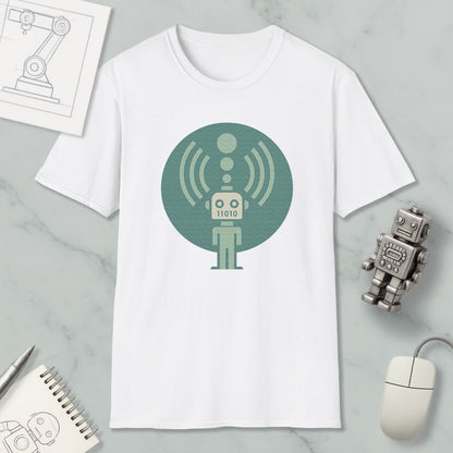 a white t-shirt with a graphic design of a robot, along with various objects such as a computer mouse, a notebook, and a pen.