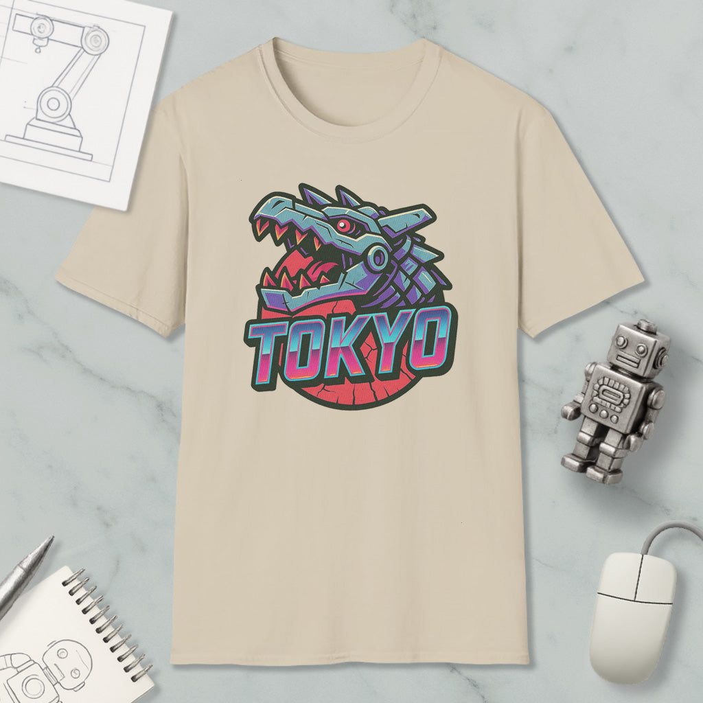 a beige t-shirt with a graphic design of a dragon head and the word "TOKYO" written on it, along with various objects such as a computer mouse, a notebook, and a robot.