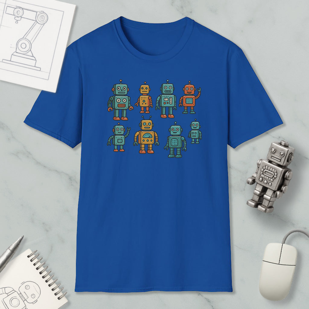 a blue t-shirt with a graphic design of eight colorful robots, including a robot with a human-like face. The t-shirt is placed on a marble surface, and there are various objects such as a computer mouse, a notebook, and a pen nearby.