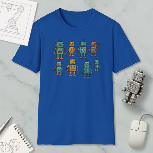 a blue t-shirt with a graphic design of eight colorful robots, including a robot with a human-like face. The t-shirt is placed on a marble surface, and there are various objects such as a computer mouse, a notebook, and a pen nearby.