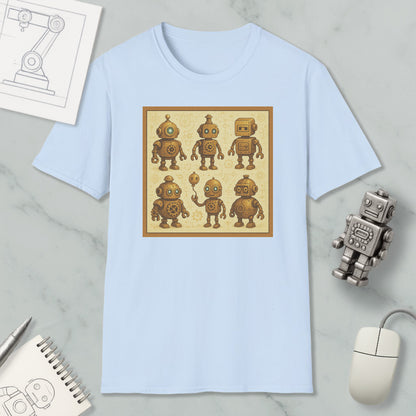 a light blue t-shirt with a square design of six cartoon-like robots, each with unique features and poses. The t-shirt is displayed on a marble surface, along with a computer mouse, a spiral notebook, and a small robot figurine.