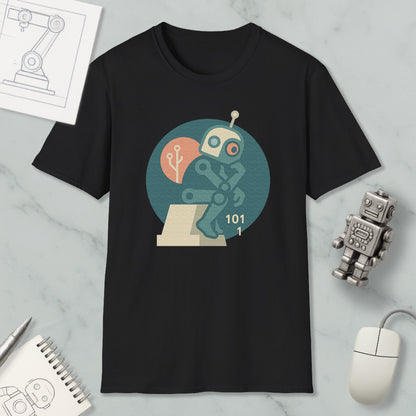 a black t-shirt with a graphic design of a robot, a computer mouse, and a notebook, all placed on a marble surface.