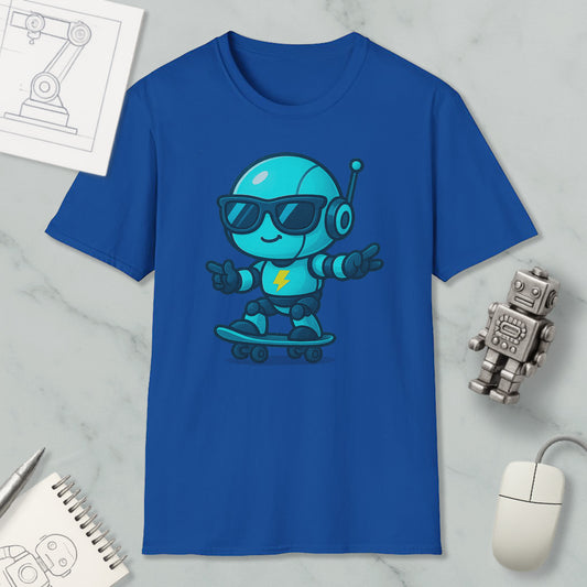 a blue t-shirt with a cartoon robot riding a skateboard, accompanied by a computer mouse, a notebook, and a drawing of a robot.