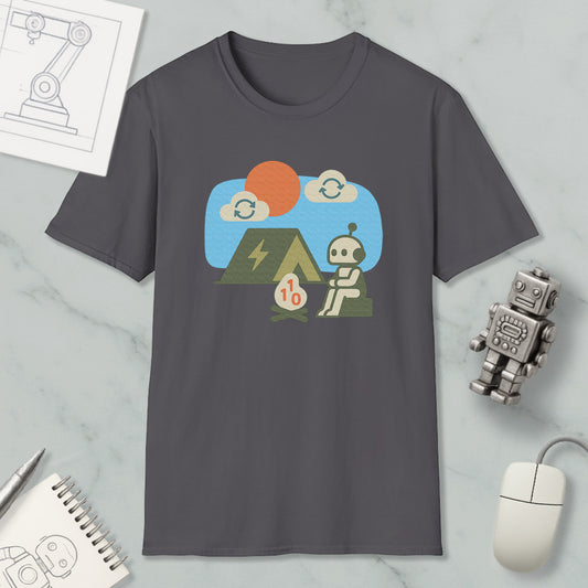 a gray t-shirt with a graphic design depicting a robot sitting on a hill with a red sun and clouds in the background.