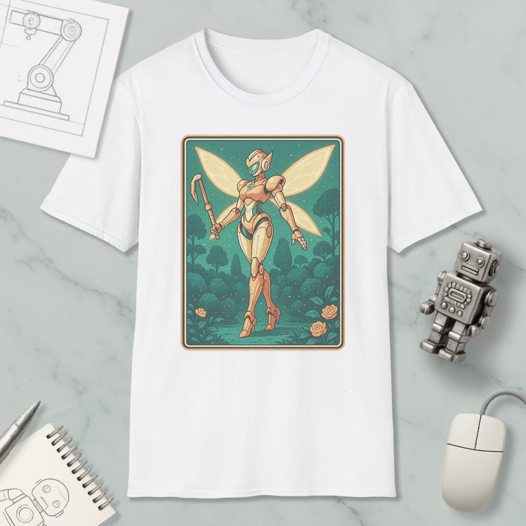 a white t-shirt with a graphic design depicting a fairy-like robot or character with wings, standing in a forest-like setting. The t-shirt is placed on a marble surface, along with a computer mouse, a notepad, and a small robot figurine.