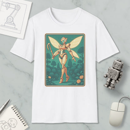a white t-shirt with a graphic design depicting a fairy-like robot or character with wings, standing in a forest-like setting. The t-shirt is placed on a marble surface, along with a computer mouse, a notepad, and a small robot figurine.