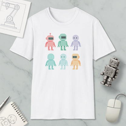 a white t-shirt with a graphic design of six colorful robot characters, along with various objects such as a computer mouse, a notebook, and a pen.