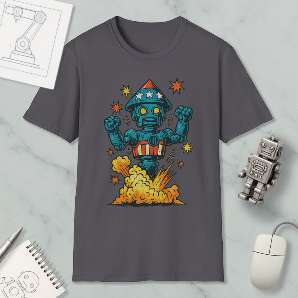 a gray t-shirt with a colorful graphic of a robot or robot-like character, surrounded by stars and a rocket explosion. The t-shirt is placed on a marble surface, with a computer mouse and a notebook nearby.