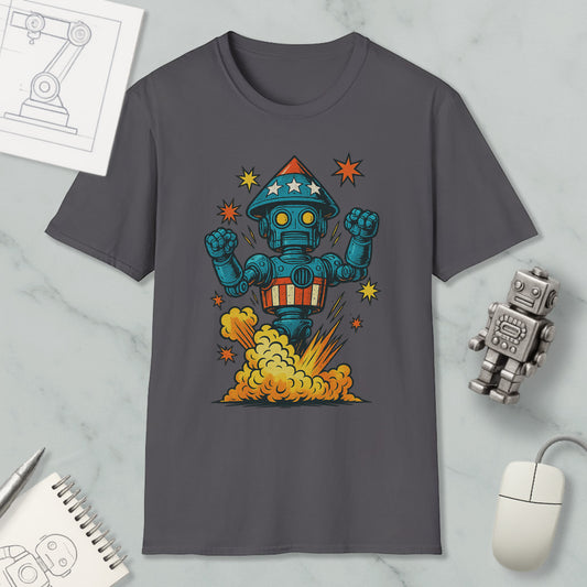 a gray t-shirt with a colorful graphic of a robot or robot-like character, surrounded by stars and a rocket explosion. The t-shirt is placed on a marble surface, with a computer mouse and a notebook nearby.
