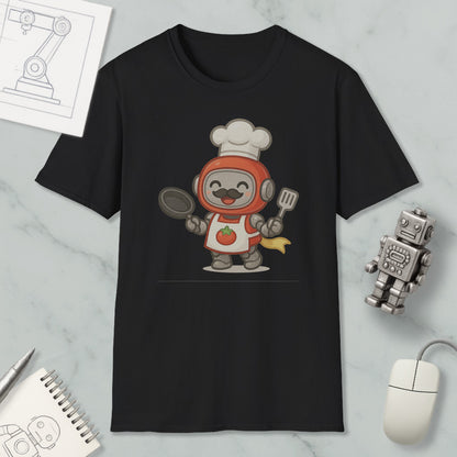 a black t-shirt with a cartoon image of a robot chef, holding a frying pan and a spatula, surrounded by various objects such as a computer mouse, a notebook, and a robot figurine.