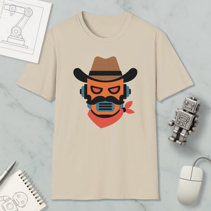 a beige t-shirt with a graphic design of a cowboy hat and a robot face, along with various objects such as a mouse, a notebook, and a robot.