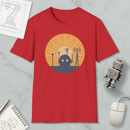 a red t-shirt with a graphic design depicting a robot and various technological elements, such as a satellite dish and a robot arm, all set against a sun-like background.