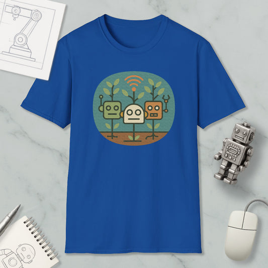 a blue t-shirt with a graphic design of three cartoon robots, along with a computer mouse, a notepad, and a pen on a marble surface.