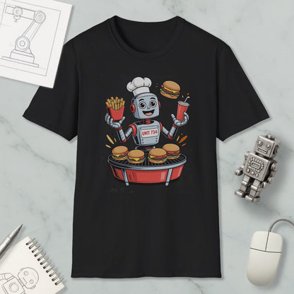 A black t-shirt with a graphic design depicting a robot chef cooking hamburgers and french fries.