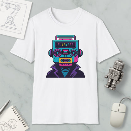 a white t-shirt with a colorful graphic design of a robot or machine head, surrounded by various objects such as a computer mouse, a notebook, and a pen.