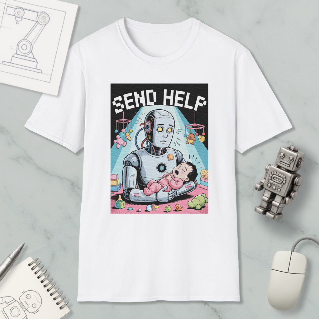 a white t-shirt with a graphic design depicting a robot figure holding a baby, surrounded by various objects such as a computer mouse, a notebook, and a toy robot.