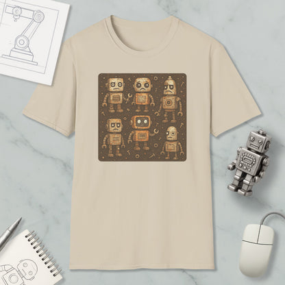 a beige t-shirt with a square design of six cartoon-like robots, along with a computer mouse and a notebook on a marble surface.