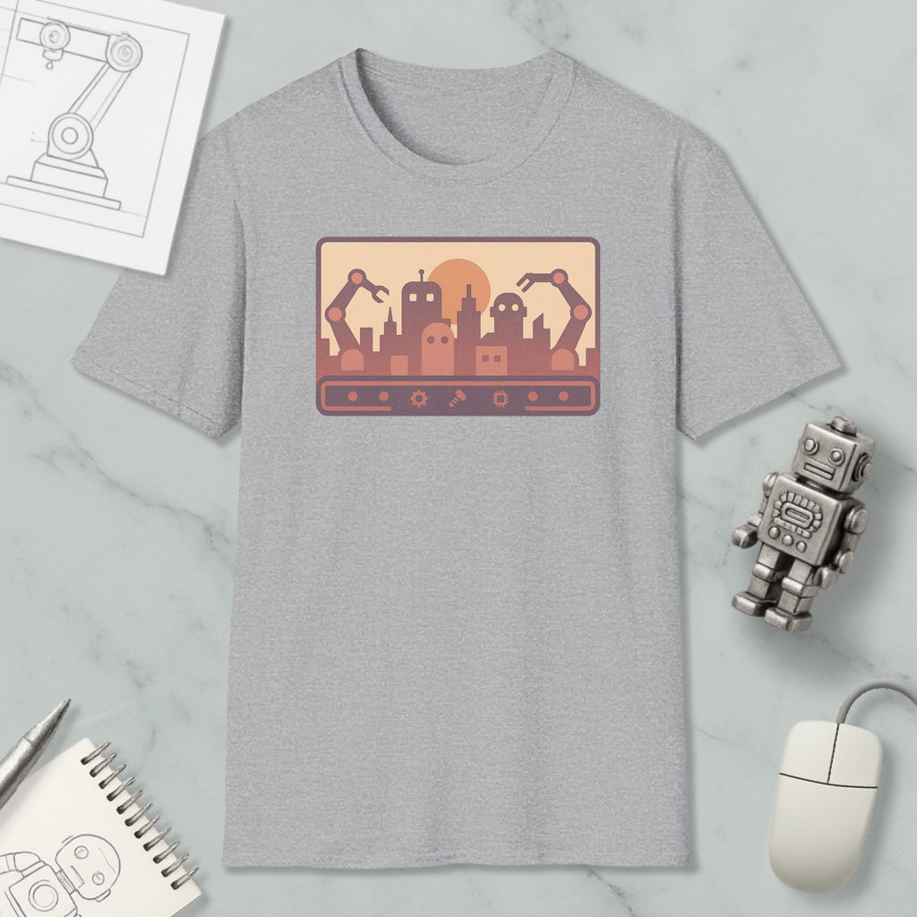 a gray t-shirt with a graphic design depicting a city skyline with robotic arms, along with a computer mouse, a notebook, and a pen on a marble surface.