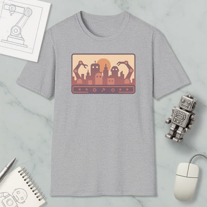 a gray t-shirt with a graphic design depicting a city skyline with robotic arms, along with a computer mouse, a notebook, and a pen on a marble surface.