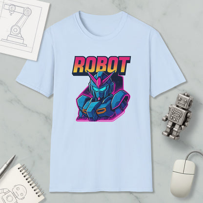 a white t-shirt with a graphic design of a robot character, along with various objects such as a computer mouse, a notebook, and a pen.