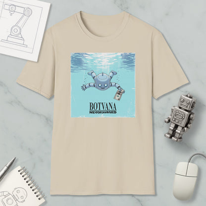 a beige t-shirt with a graphic design depicting a robot swimming underwater, accompanied by the text "BOTVANA NOVOVEDO".