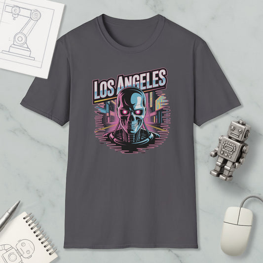 a gray t-shirt with a graphic design of a skull and cityscape, along with various objects such as a computer mouse, a notebook, and a robot.