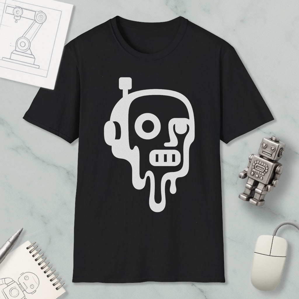 a black t-shirt with a white graphic design depicting a robot or robot-like figure with dripping or melting features, surrounded by various objects such as a computer mouse, a notebook, and a small robot figurine.