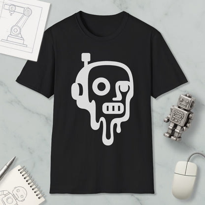 a black t-shirt with a white graphic design depicting a robot or robot-like figure with dripping or melting features, surrounded by various objects such as a computer mouse, a notebook, and a small robot figurine.