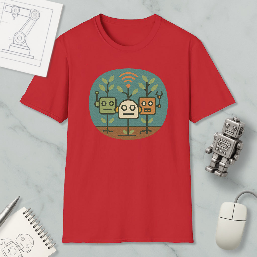 a red t-shirt with a graphic design of three cartoon robots, along with a computer mouse, a notebook, and a pen on a marble surface.