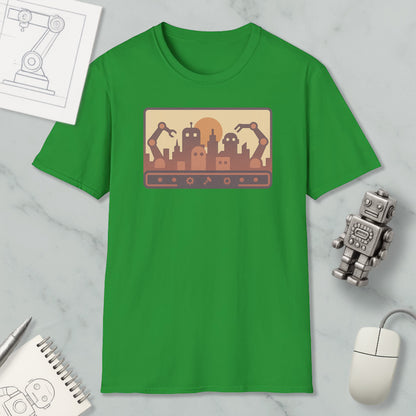 a green t-shirt with a graphic design depicting a city skyline with robotic arms, along with a computer mouse and a notebook.