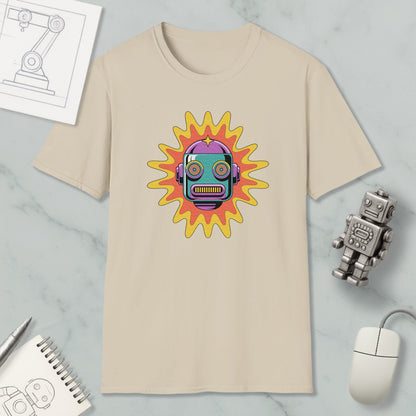 a beige t-shirt with a colorful robot design, along with various objects such as a computer mouse, a notebook, and a sketch of a robot.