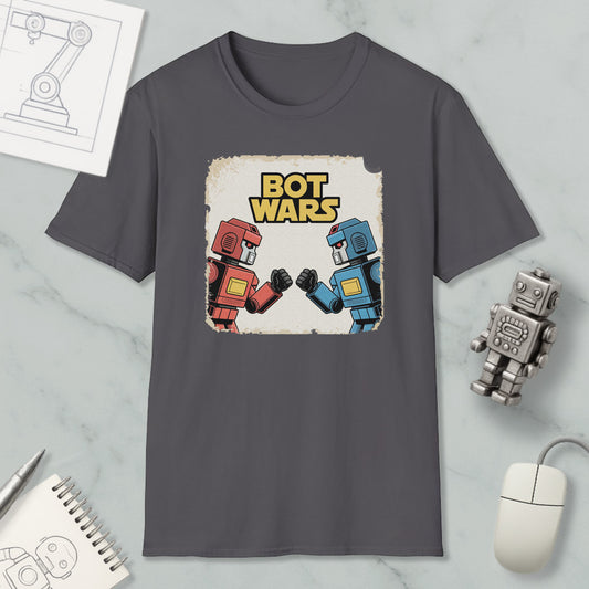 a gray t-shirt with a graphic design depicting two robot characters, one in red and one in blue, engaged in a battle or fight. The text "BOT WARS" is displayed above the characters, suggesting a theme related to robotic conflict or competition.