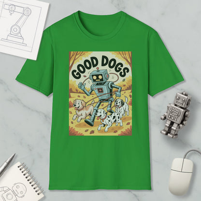 a green t-shirt with a cartoon robot and three dogs, along with a computer mouse and a notebook.