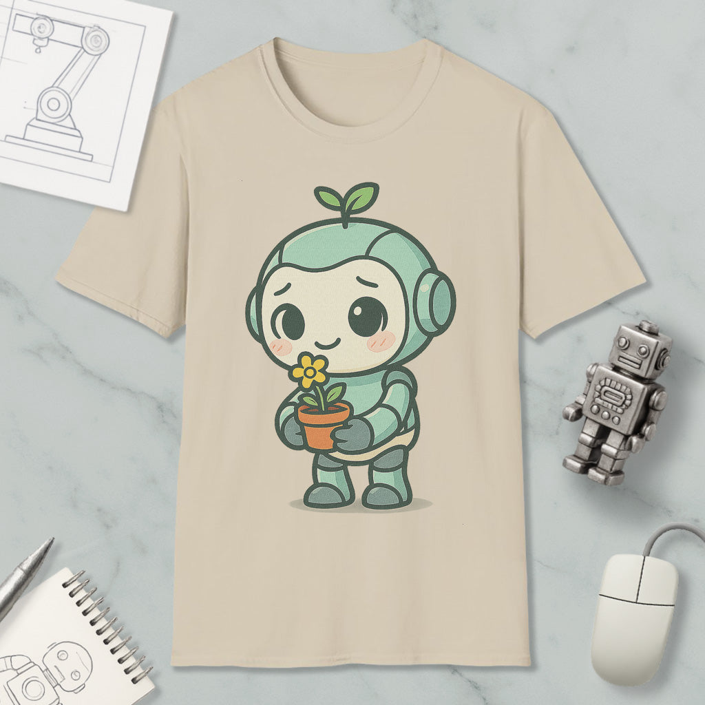 a t-shirt with a cartoon character holding a flower, surrounded by various objects such as a computer mouse, a robot, and a notebook.