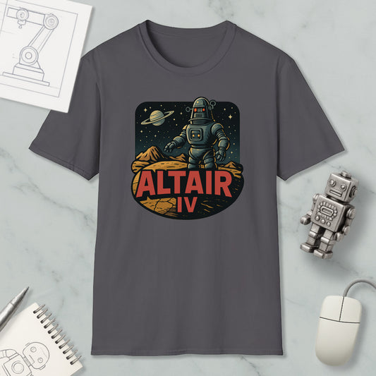 a gray t-shirt with a graphic design depicting a robot standing on a rocky surface with a planet in the background, along with the text "ALT AIR IV".