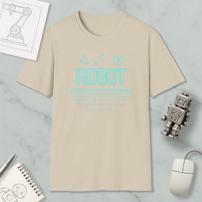 a beige t-shirt with a graphic design of a robot and geometric shapes, along with a computer mouse and a notebook.