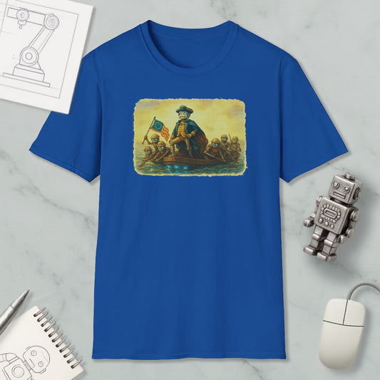 a blue t-shirt with a painting of a man on a boat, surrounded by other objects such as a computer mouse, a robot, and a notebook.