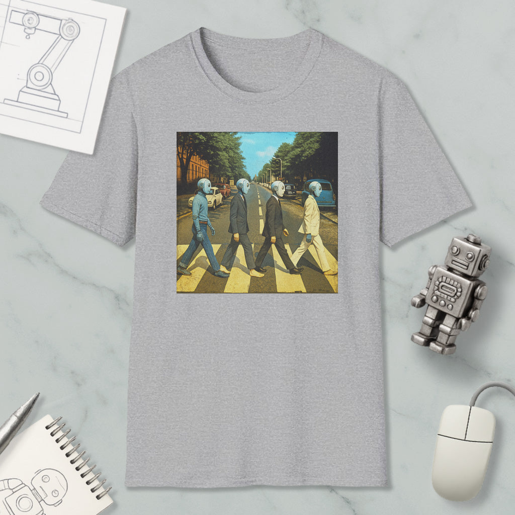 a gray t-shirt with a graphic design depicting four people walking on a crosswalk, with one person wearing a suit and tie.