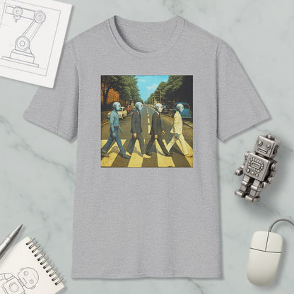 a gray t-shirt with a graphic design depicting four people walking on a crosswalk, with one person wearing a suit and tie.