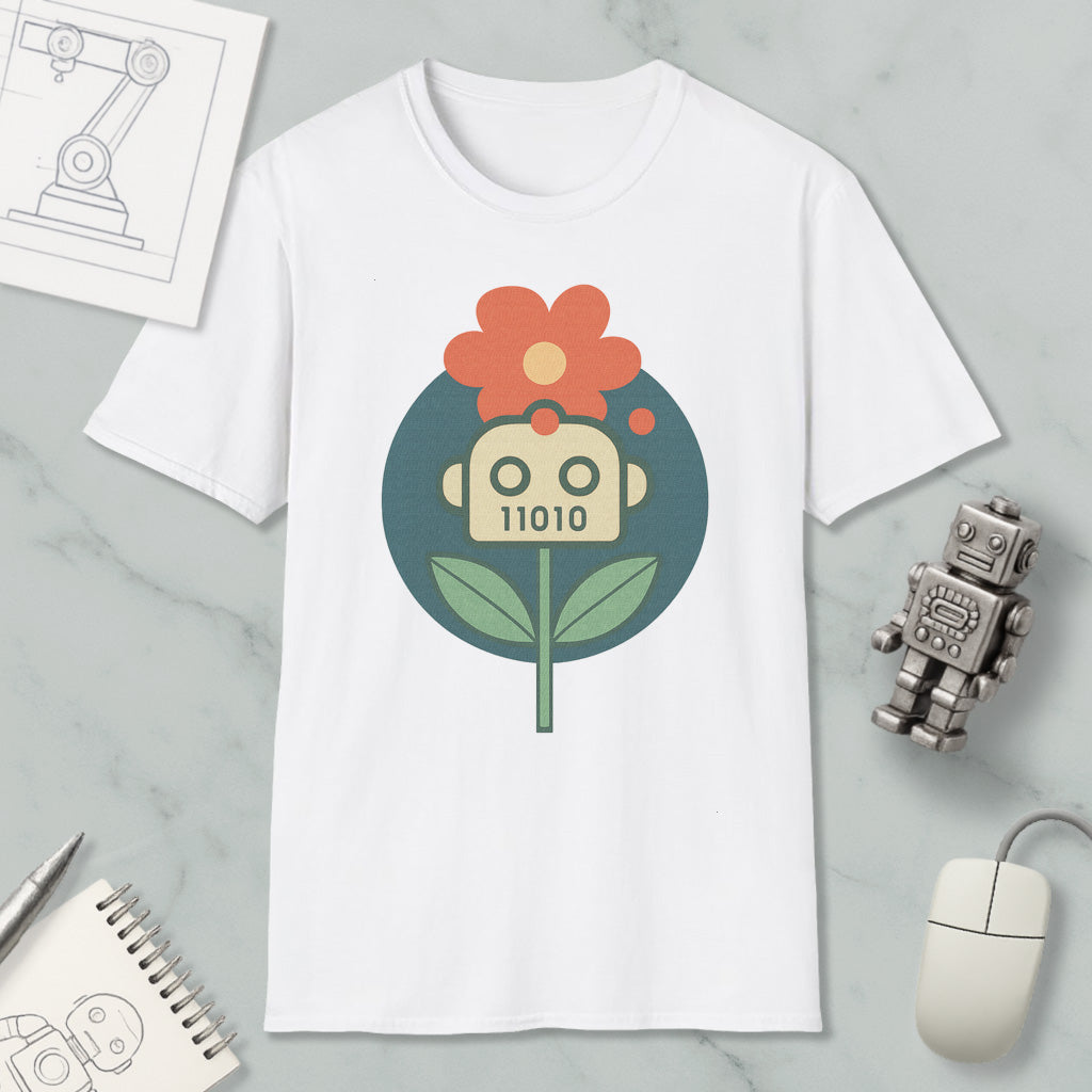 a white t-shirt with a graphic design of a flower and a robot, along with various objects such as a computer mouse, a notebook, and a robot figurine.