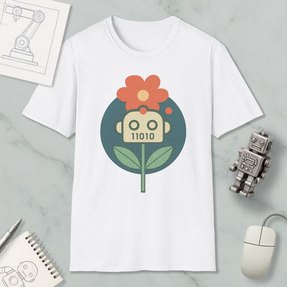 a white t-shirt with a graphic design of a flower and a robot, along with various objects such as a computer mouse, a notebook, and a robot figurine.