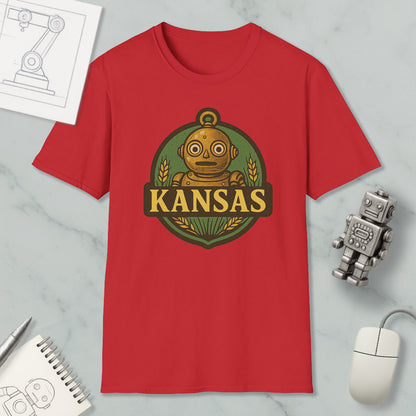a red t-shirt with a graphic of a robot and the word "KANSAS" printed on it, along with a small robot and a computer mouse.