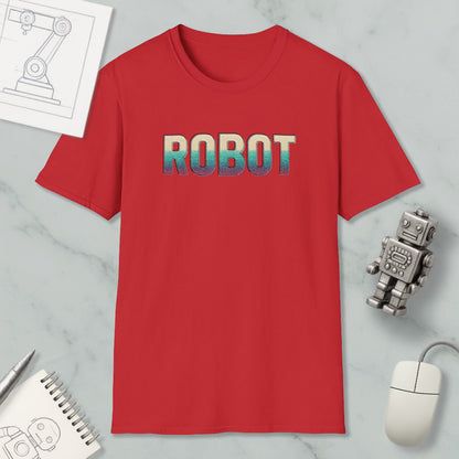a red t-shirt with the word "ROBOT" printed on it, along with various objects such as a computer mouse, a notebook, and a robot figurine.