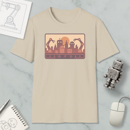 a beige t-shirt with a graphic design depicting a city skyline with robotic arms, along with a computer mouse, a notebook, and a pen on a marble surface.