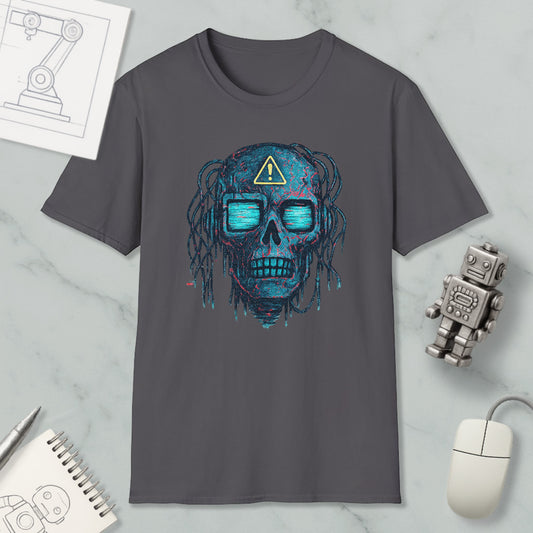 a gray t-shirt with a graphic design of a skull with blue and green elements, along with a computer mouse and a notebook.