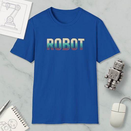 a blue t-shirt with the word "ROBOT" printed on it, along with a small robot figurine and some other items such as a notebook and a mouse.