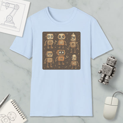 a light blue t-shirt with a square design of six cartoon-like robots, along with a computer mouse and a notebook on a marble surface.