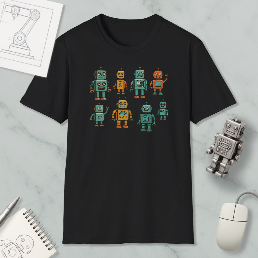 a black t-shirt with a graphic design of nine colorful robot characters on it, along with a computer mouse and a notebook.