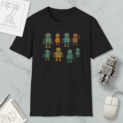 a black t-shirt with a graphic design of nine colorful robot characters on it, along with a computer mouse and a notebook.